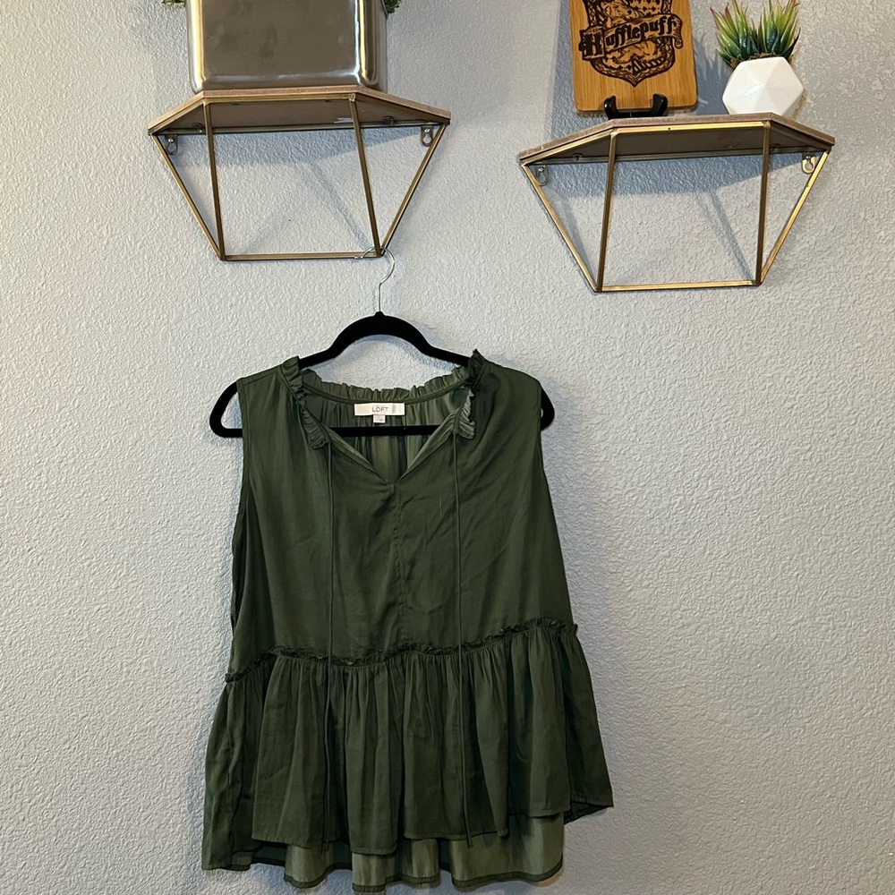 LOFT Forest Green Ruffle Hem Blouse